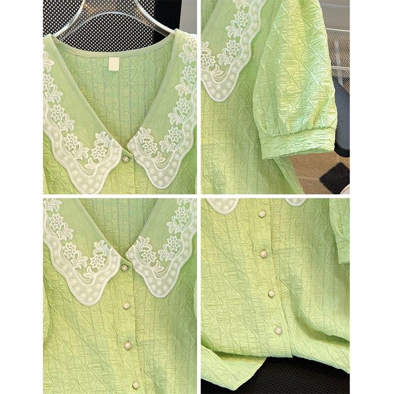 Embroidered Peter Pan Collar Chiffon Shirt Women Short Sleeve Solid Summer Blouses Tops Lady Korean Vintage Elegant Blouse 25405