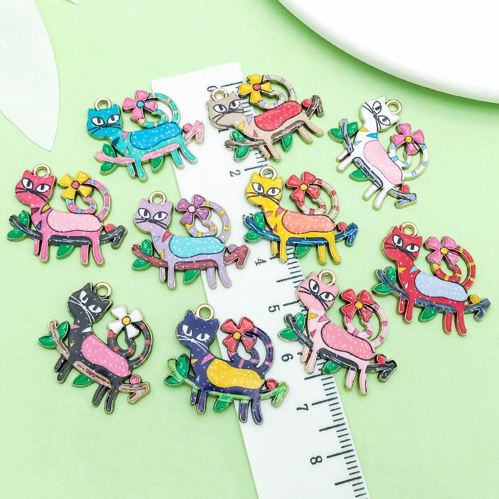10 Colorful Enamel Alloy Cat Pendant Charms for DIY Jewelry