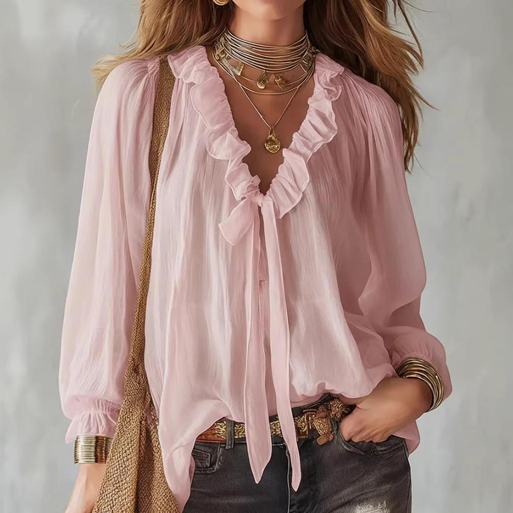 Women's  Fashionable Color V-neck Long Sleeved Tied Loose Shirt Top