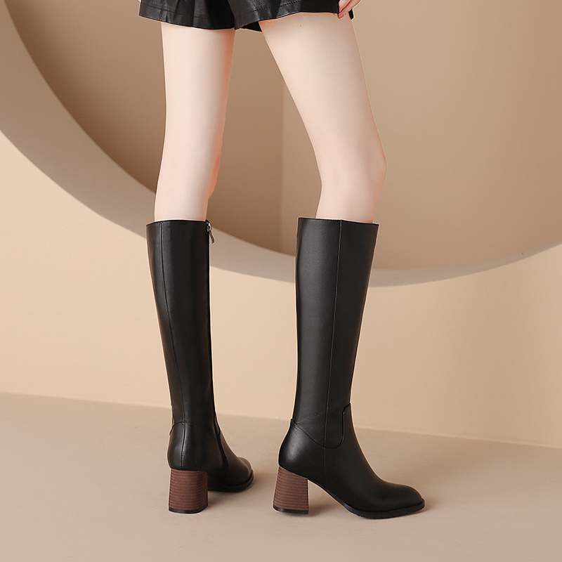 Krazing Pot Herbst-Winterschuhe aus Rindsleder, dicke High Heels, große Größe 34-Größe 46, Reißverschluss, Dekoration, prägnanter Stil, Damen, warm, Kniestiefel