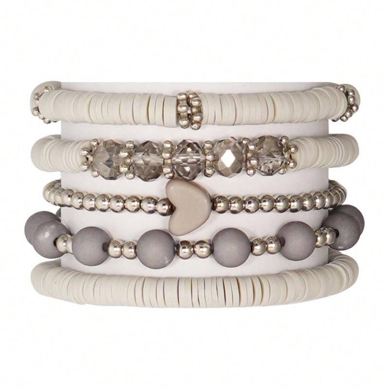 5pcs/Set Elegant Gray Soft Ceramic Heart Bead Multi-Layer Bracelet Set, Artificial Crystal Elastic Bracelet, Suitable for Ladies Daily Wear, Dating