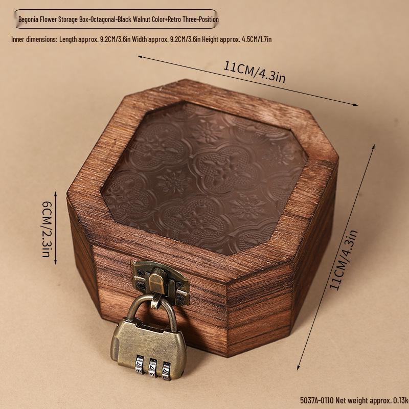Retro Begonia Glass Lid Wooden Storage Box for Cosmetics, Snacks, Candy, and Documents - Dustproof and Multifunctional