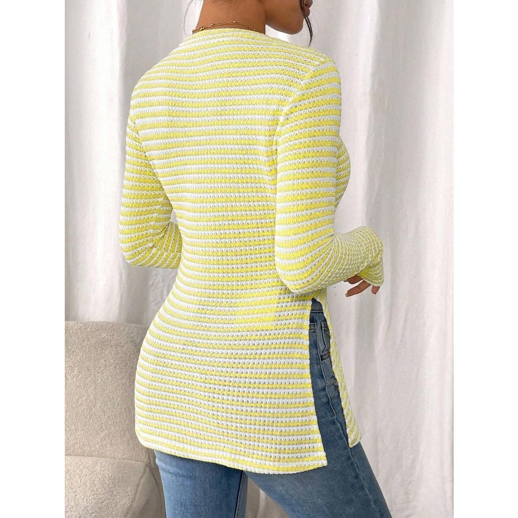 Nowa, swobodna, damska koszula z okrągłym dekoltem i długim rękawem, uniwersalny top z rozcięciem, seksowny T-shirt