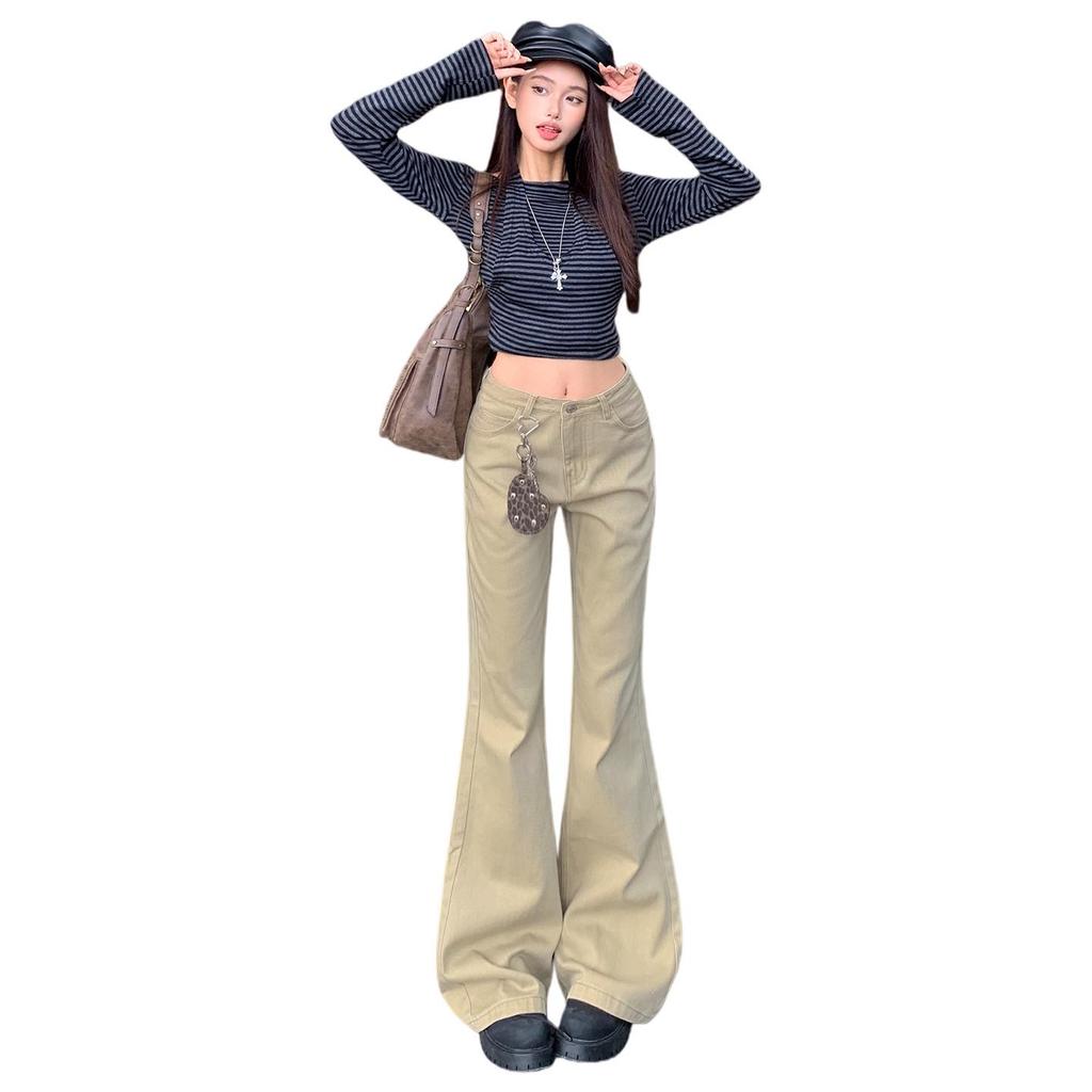 Women's Khaki Low-Waist Micro-Flare Jeans - 2025 Autumn/Winter Collection, Loose and Slimming Fit