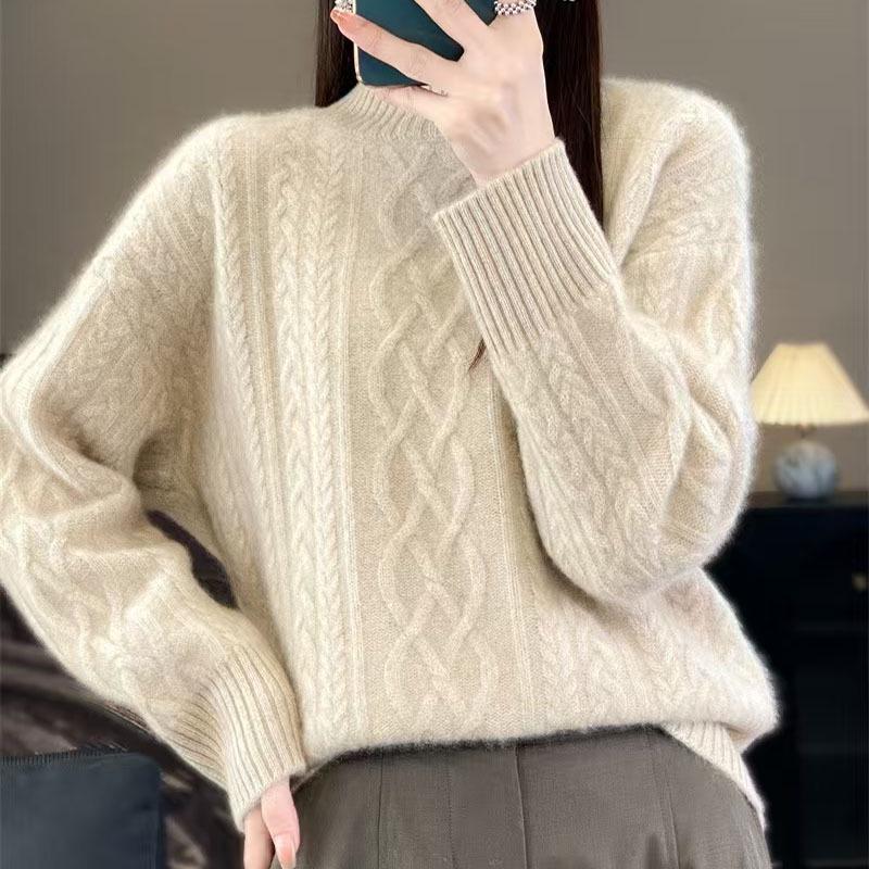 2024 Winter Women's Wool Knit Sweater - Twisted Flower, Half-High Neck, Thick & Loose Fit