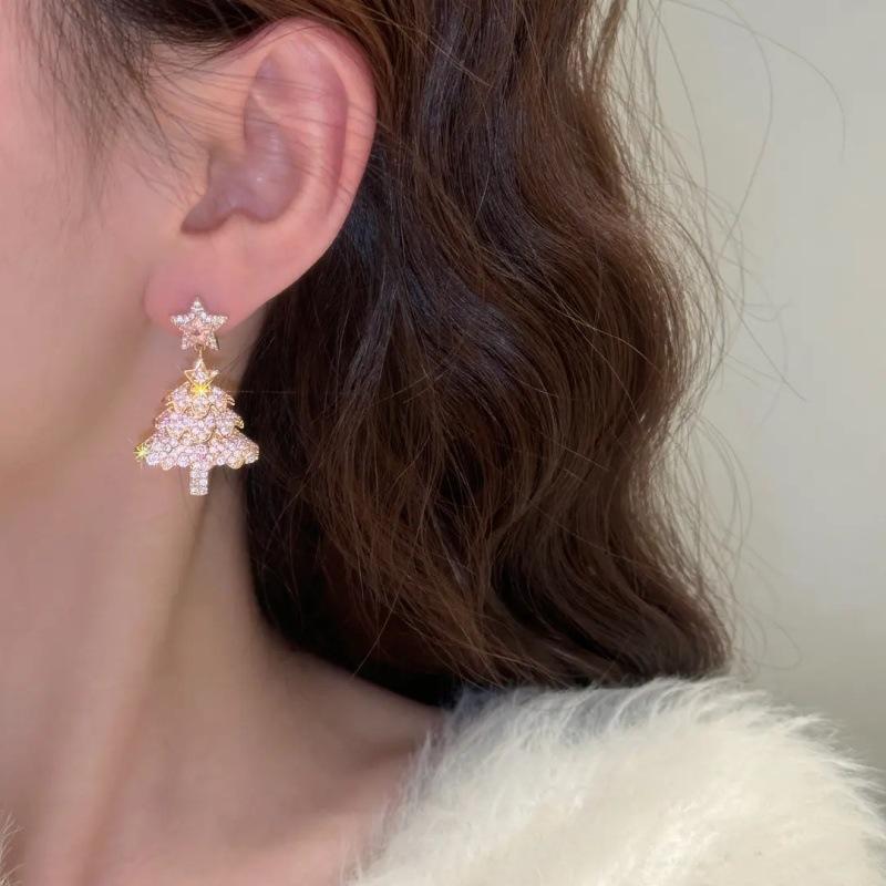 Pink Christmas Tree Five-pointed Star Earrings for Women's High-end Sense of Unique Niche Earrings for Women's New Popular Christmas Ear Ornaments