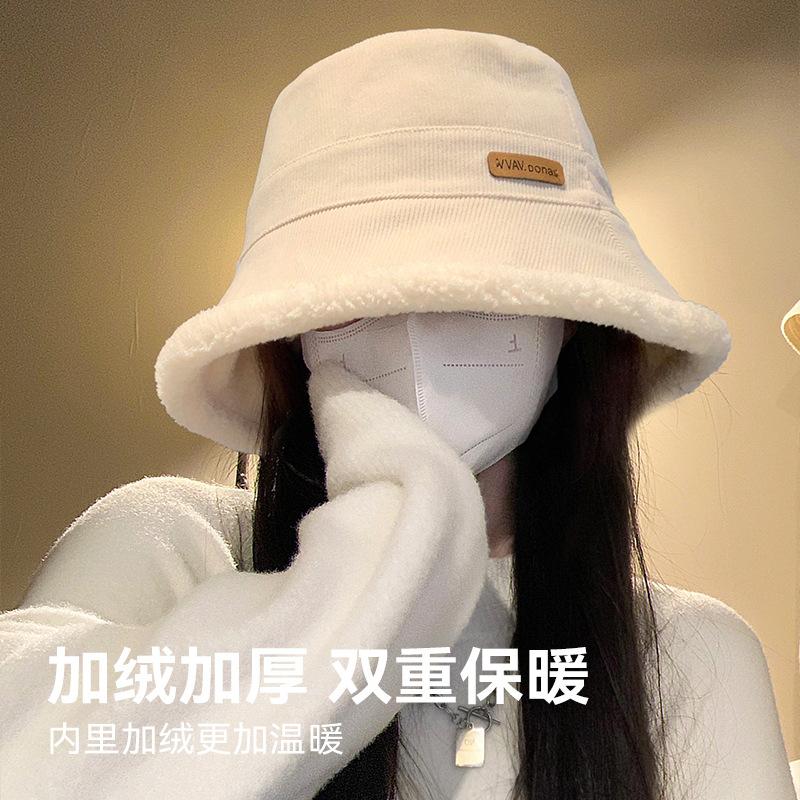 Plush bucket hat winter plush thickened warm hat women's big head circumference thin white fashion versatile bucket hat