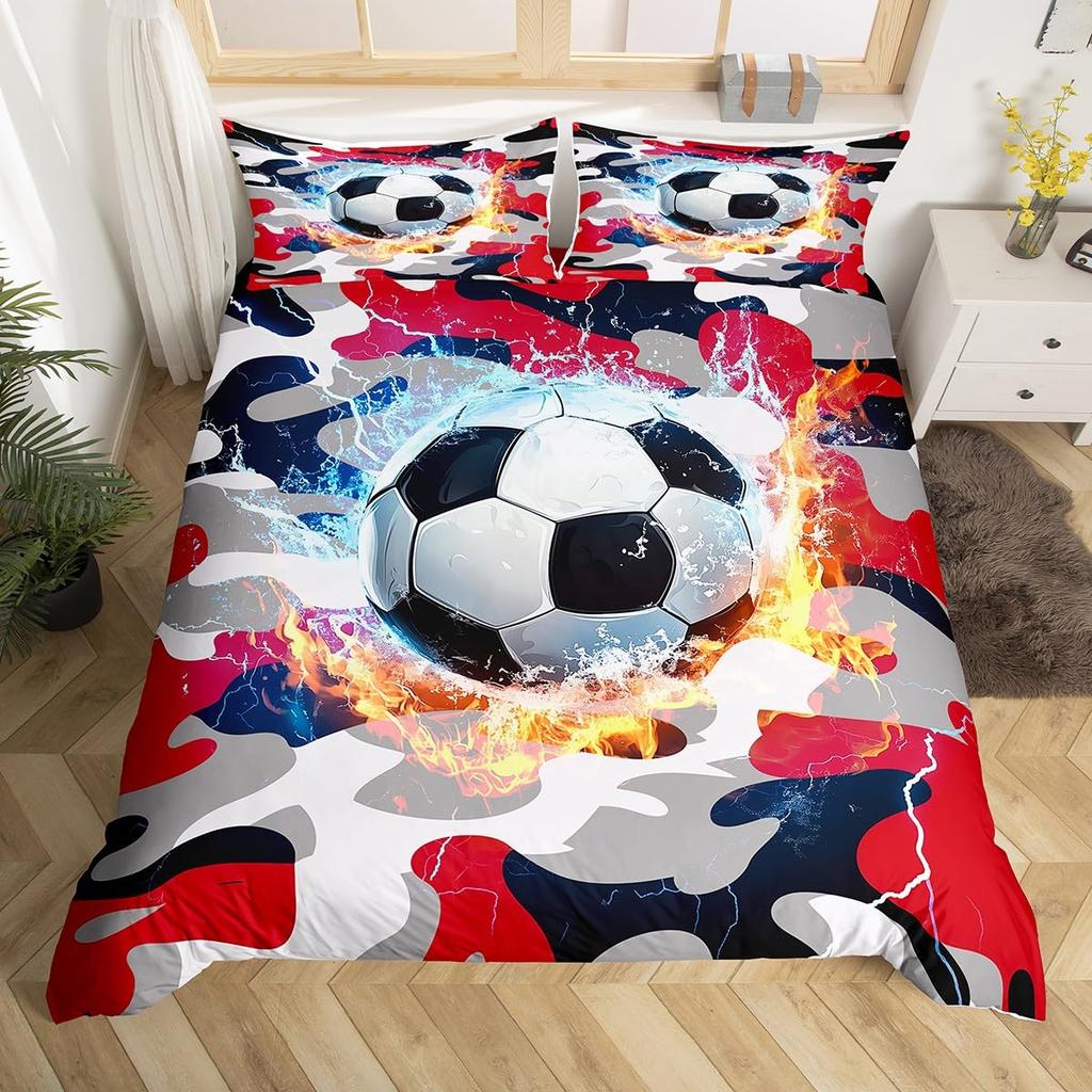 Cartoon Soccer Duvet Cover Set Printed Football Bedding Sets For Kids Boys Girls Bedroom Decor Sports Theme Comforter Cover Set
