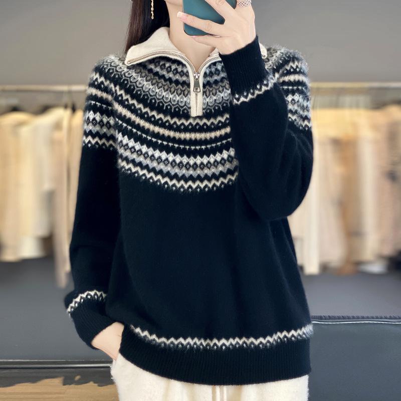 Women's Retro Jacquard Cashmere Sweater Coat with Fair Isle Collar, 2025 Autumn/Winter Zipper Design