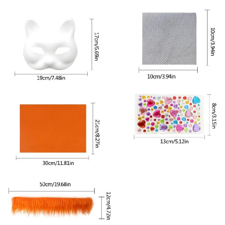 6Pieces White Cats Face Mask Unpainted Masquerades Mask for Halloween Includes Furry Trim Eye Mesh Felted Cloth Sticker