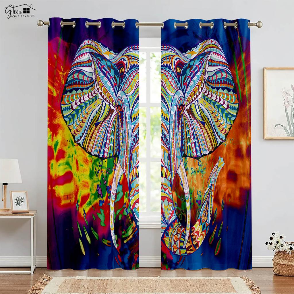 Elephant Pattern 3D Printed Curtains Nordic Style Live Background Homestay Bedroom Living Room Fortune Decoration Curtains 2PCS