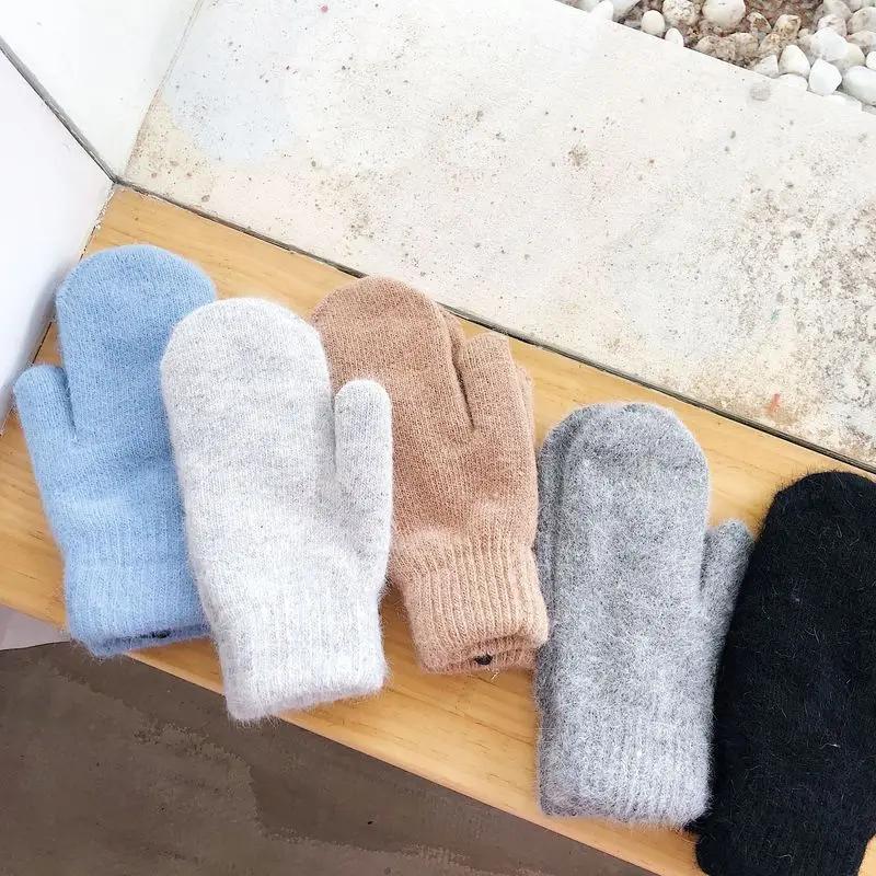 1 Pair Double-layer Rabbit Hair Gloves Female Winter Korean Version of Solid Color All Fingers Winter Women Gloves Girls Mittens