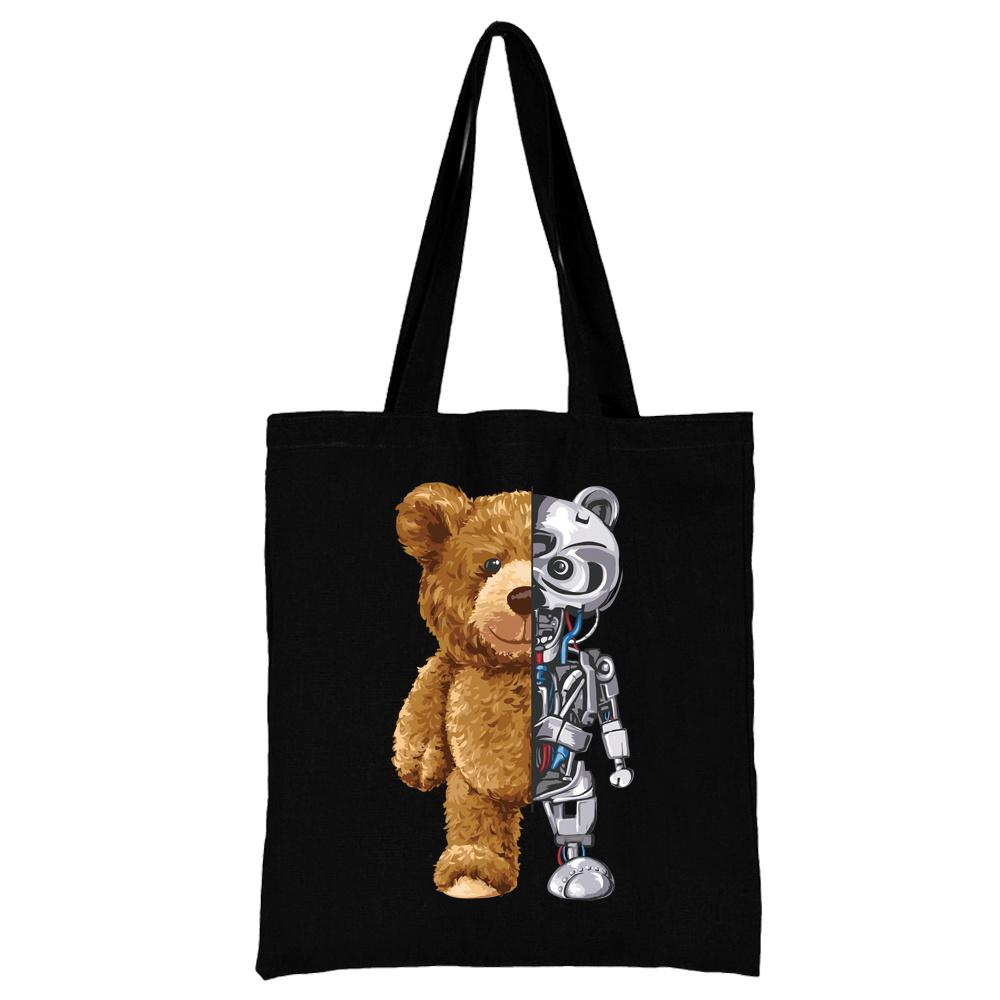 Summer New Teddy Bear Series Canvas Tote Bag Harajuku Style Black Printing High Capacity Shoulder Bag Fashion Shopping Bags