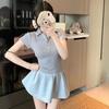 Women's Summer Polo Collar Long-Sleeve A-Line Dress with Cinched Waist - Petite Fit