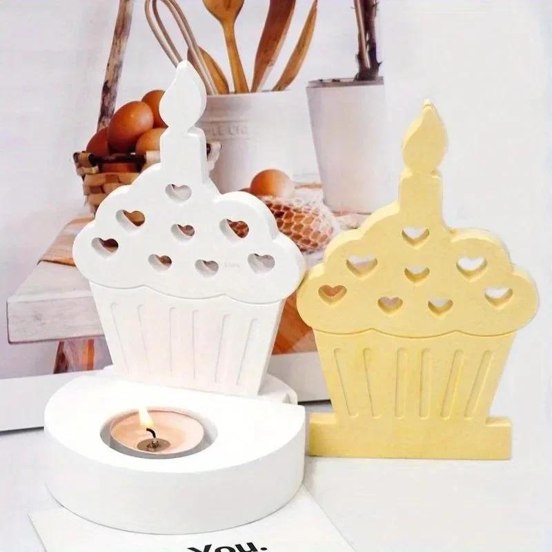 New DIY Cake Tea Light Gypsum Craft Gifts Making Home Brithday Decor Candle Holder Silicone Mold Heart Cake Candlestick Resin