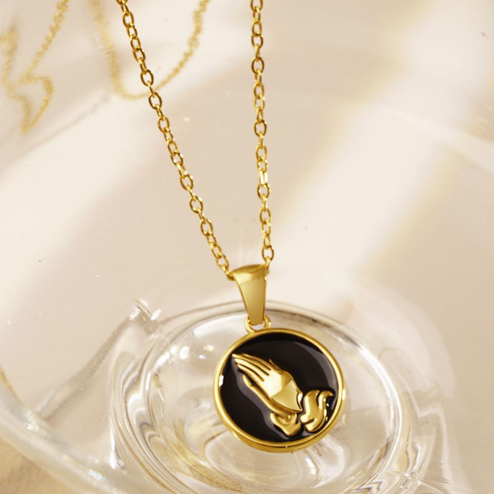Europe America Style Retro Oil-Drop Prayer-Hands Womens Personalized Polished Electroplated Stainless Steel Pendant Necklace for