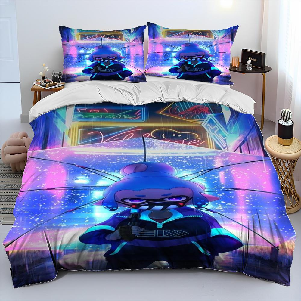 S-Splatoon Game Gamer Cartoon Comforter Bedding Set,Duvet Cover Bed Set Quilt Cover Pillowcase,King Queen Size Bedding Set Kids