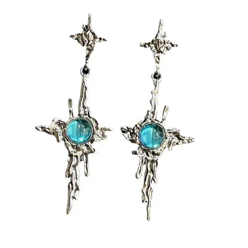 Uregelmessig flytende metall Cross Moonstone Dingle øredobber Ung jente Trend Metal Cross Moonstone Drops Øredobber Smykker