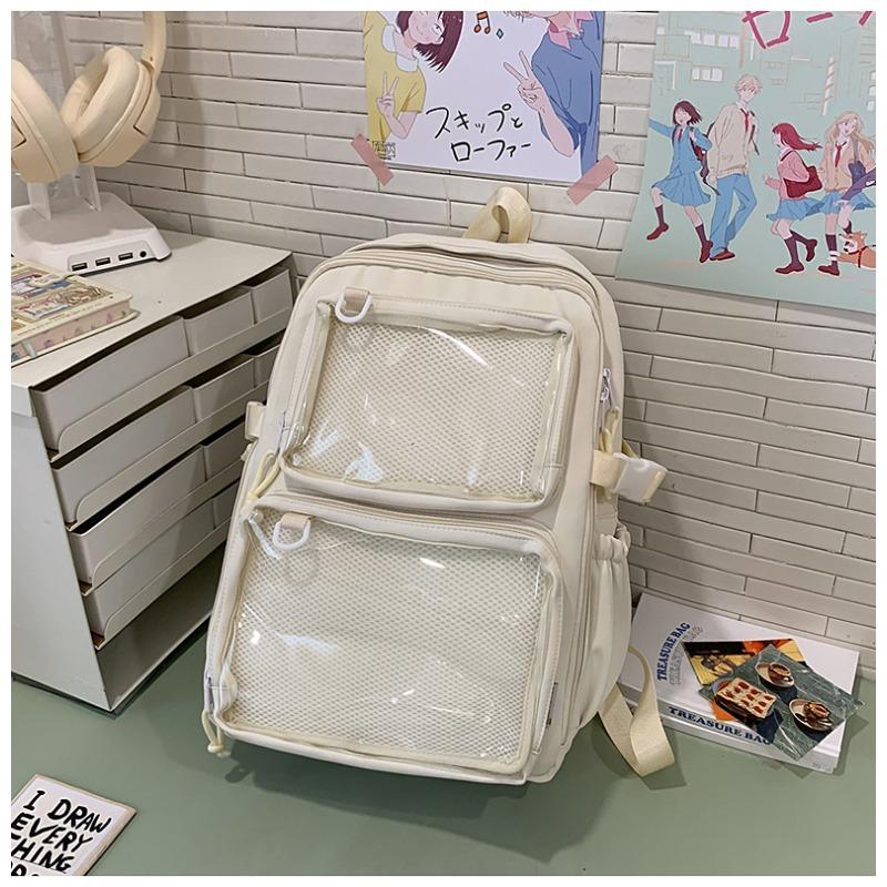 Cartoon Badge Transparent Smug Pain Bag for Female Students, Japanese-style Simple Large-capacity Backpack, Campus-style Schoolbag