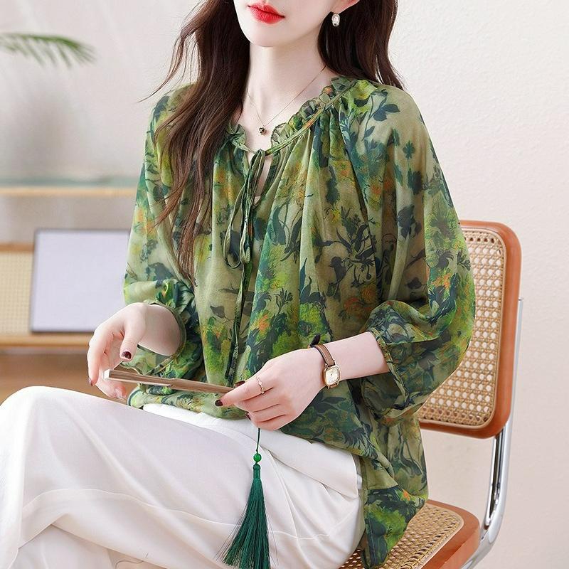 Camicia in Chiffon da Donna Primavera ed Estate Taglia Larga Ampia e Sottile Blusa di Temperamento Chic e Bella Camicia Floreale Francese