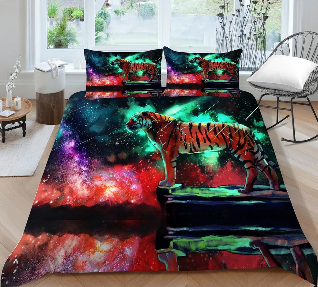 3D Bedding Set Black Duvet Quilt Cover Set Comforter Cover Pillowcase King Queen Size Animal Tiger Printed Polyester Quilt Cover