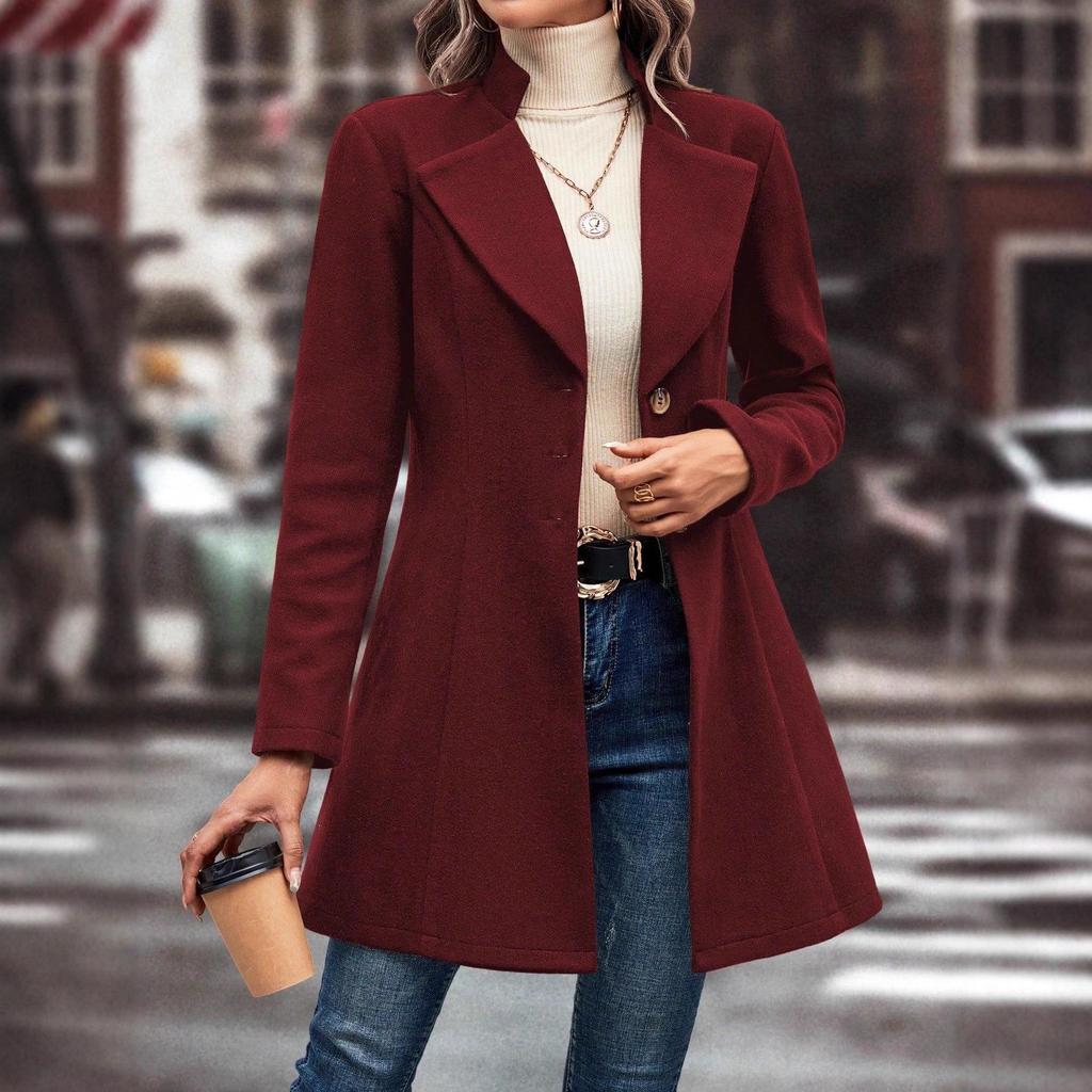 Women's European & American INS Fashion Woolen Coat with Lapel - Solid Color, Autumn/Winter Collection