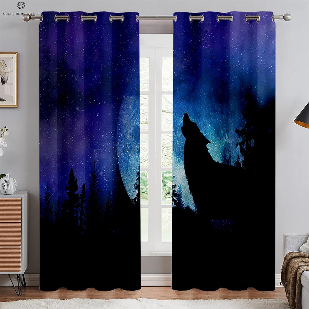 Starry Sky Moon Wolf Animal Print Window Blackout, Insulation Curtains, Bedroom, Living Room, Outdoor Kitchen Decorative Curtain