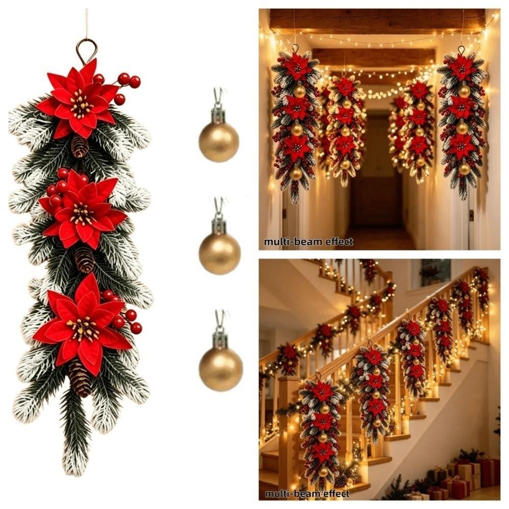 4pcs Simulated Snow Falling Artificial Pine Branch Wall Mounted Poinsettia Flower Home Party