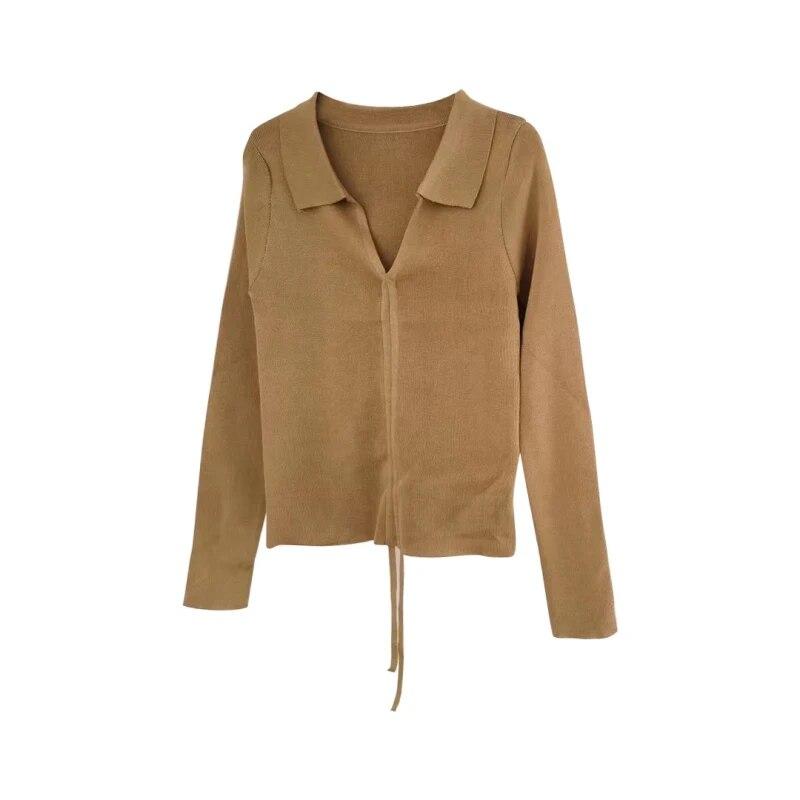 

Женская трикотажная блузка в рубчик, футболки, рюшами и завязками спереди, укороченный топ с V-образным вырезом, узкая повседневная блузка с отложным воротником и длинными рукавами One Size