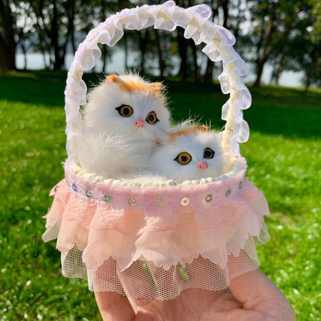 Mother Cat and Kitten with Basket Figurine - Toy Gift for Kids or Girlfriend