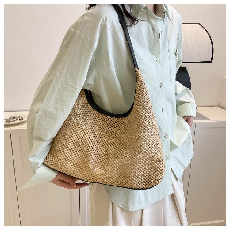 Women's Retro Woven Tote Bag Large Capacity Shoulder Underarm Bag Summer Beach Handbag