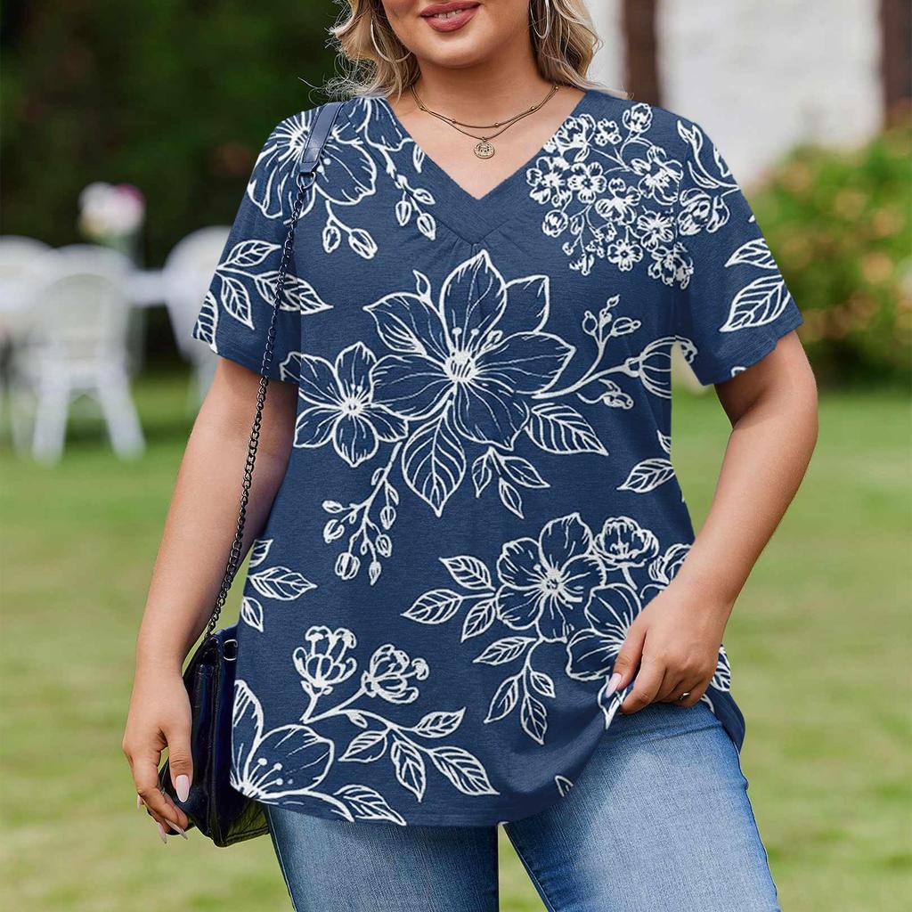 Damska Modna Codzienna Luźna Bluzka Plus Size z Krótkim Rękawem Elegancka z Dekoltem V Do Pracy