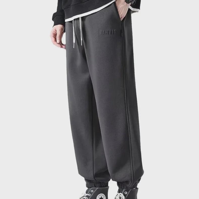Men's Heavy Brown Velvet-Lined Sweatpants: Loose, Drawstring, Trendy, Large Size, Spring & Autumn Casual Sportswear.