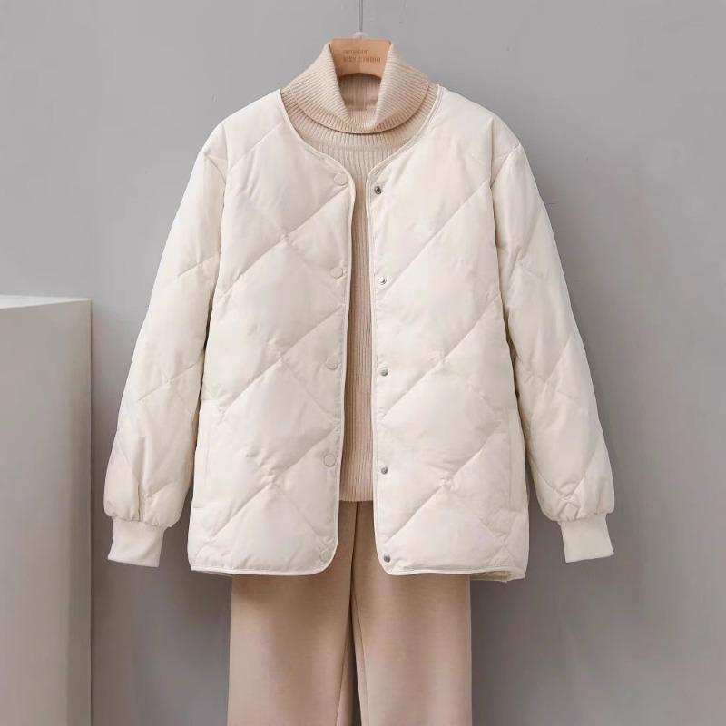 Rhombus Collarless Down Jacket Women's Light and Short New Small Loose Round Neck White Duck Down Liner Jacket