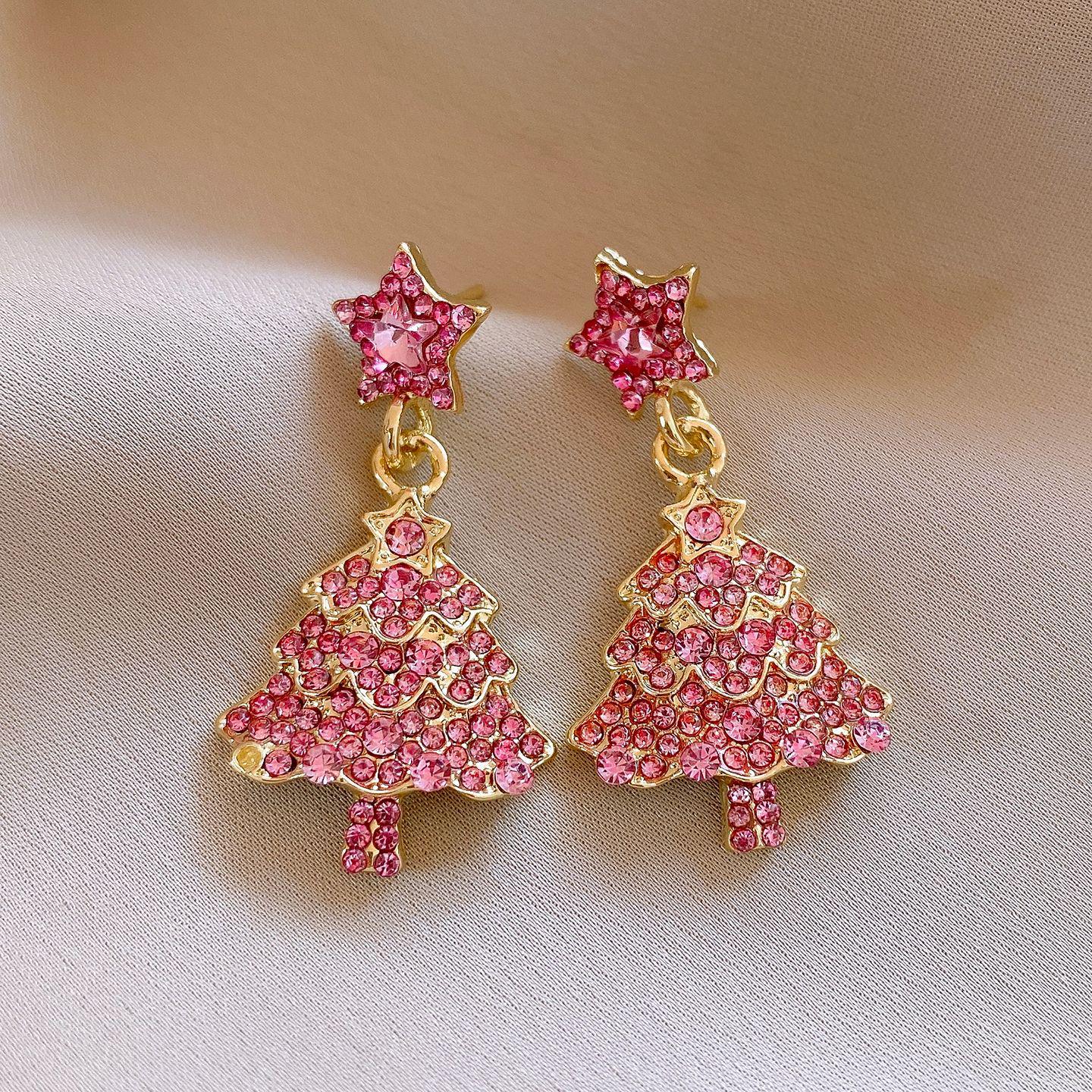 

Silver Needle Diamond Star Christmas Tree Pendant Earrings - High-End Luxury Design for Women