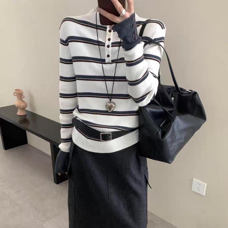 Small Stand-up Collar Stacked with Contrasting Striped Knitted Sweater, Autumn and Winter Button Retro Long-sleeved Top, and Sweater Inside for Women