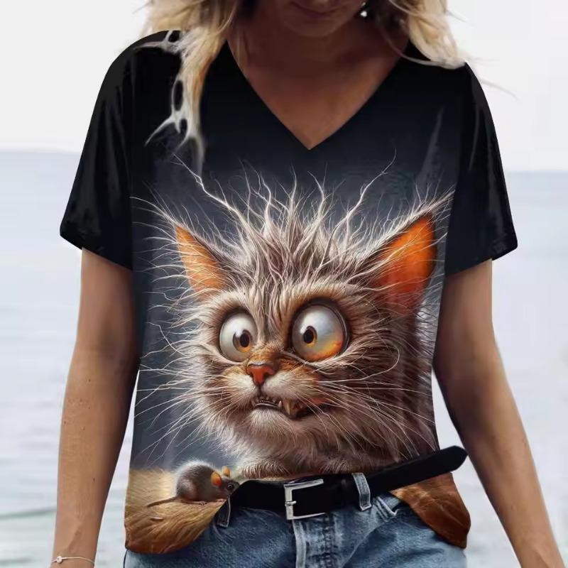 Damen V-Ausschnitt Kurzarm 3D T-Shirts Tiere Gedruckt Sommerkleidung Niedliche Cartoon Katze Damen T-Shirts Streetwear Oberteile