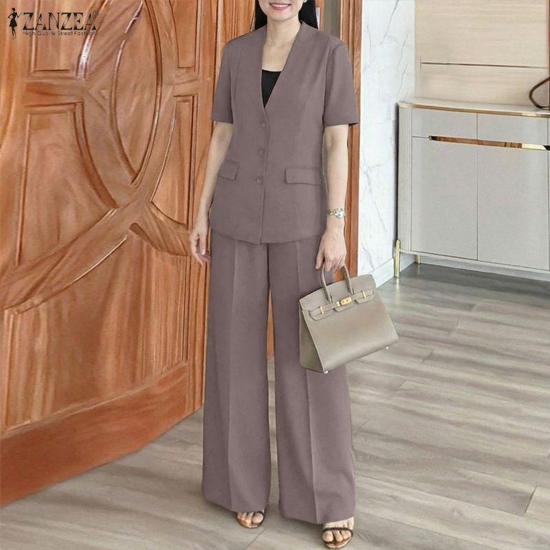 ZANZEA Women Short Sleeve Cardigan Blouse and Pants Casual Two Piece Suit Sets