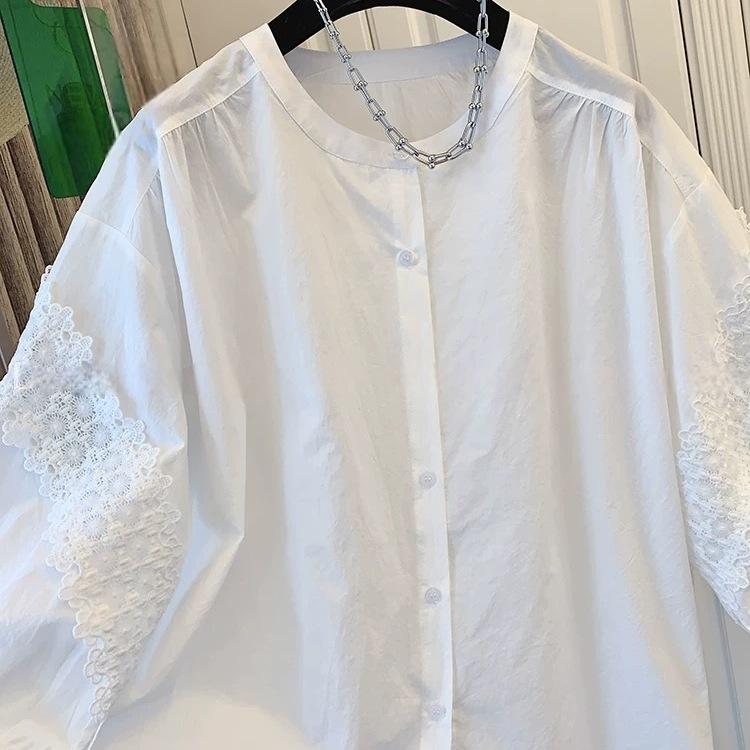 Haut Babydoll Blanc en Coton avec Inserts en Dentelle pour Femme Grande Taille, Col Rond, Manches Sept-Quarts, Été 2025