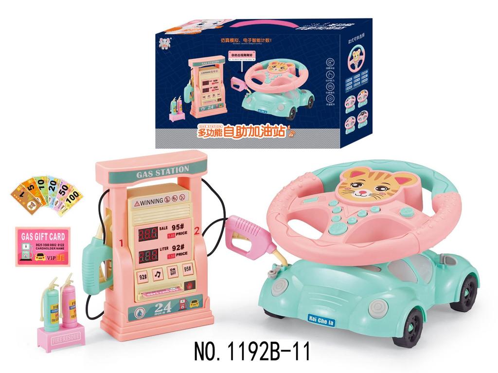 Kids Petrol Station Playset with Voice Prompt and Counting Function Die Cast Cars Steering Wheel Toy