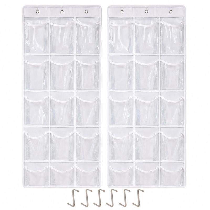 Clear Pocket Wall Storage Set of 2, Hanging Polyester Holder with 15 Front Pockets on Each Panel for Classroom Supplies, Phones and Daily Items