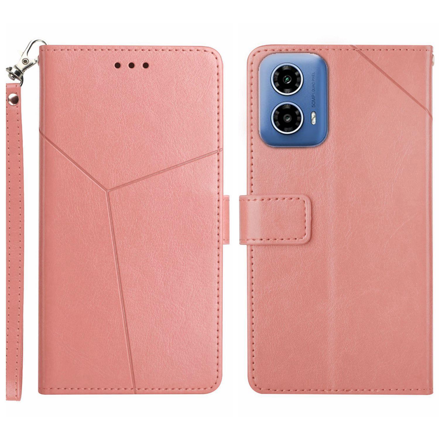 

For Motorola Moto G85 5G/S50 Neo 5G Case with Wrist Strap Y Shaped Lines Imprint Leather Phone Cover Pink