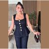 Street Denim Pants Set Women Sleeveless Single Breasted Slim Square Collar Tank High Waist Straight Jeans 2025 Summer Lady Suit