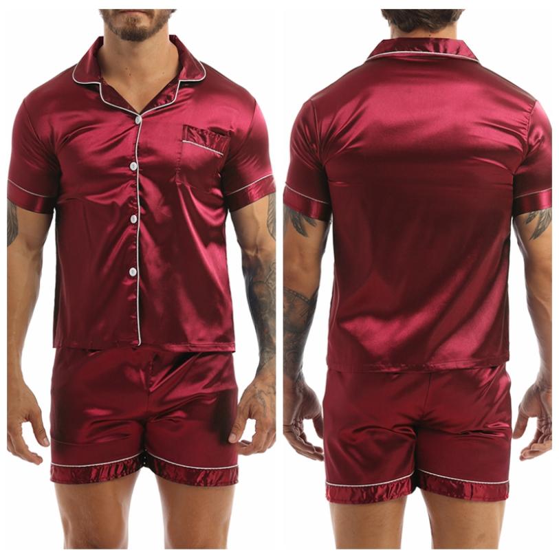 Mens Silky Satin Pajamas Set Short Sleeves Button Down Shirt Top with Shorts Sleepwear Loungewear