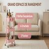 Serving Trolley, 3-Tier, 4 Hooks, 3 Removable Hanging Boxes, 42 x 38 x 86.5 cm, Pink