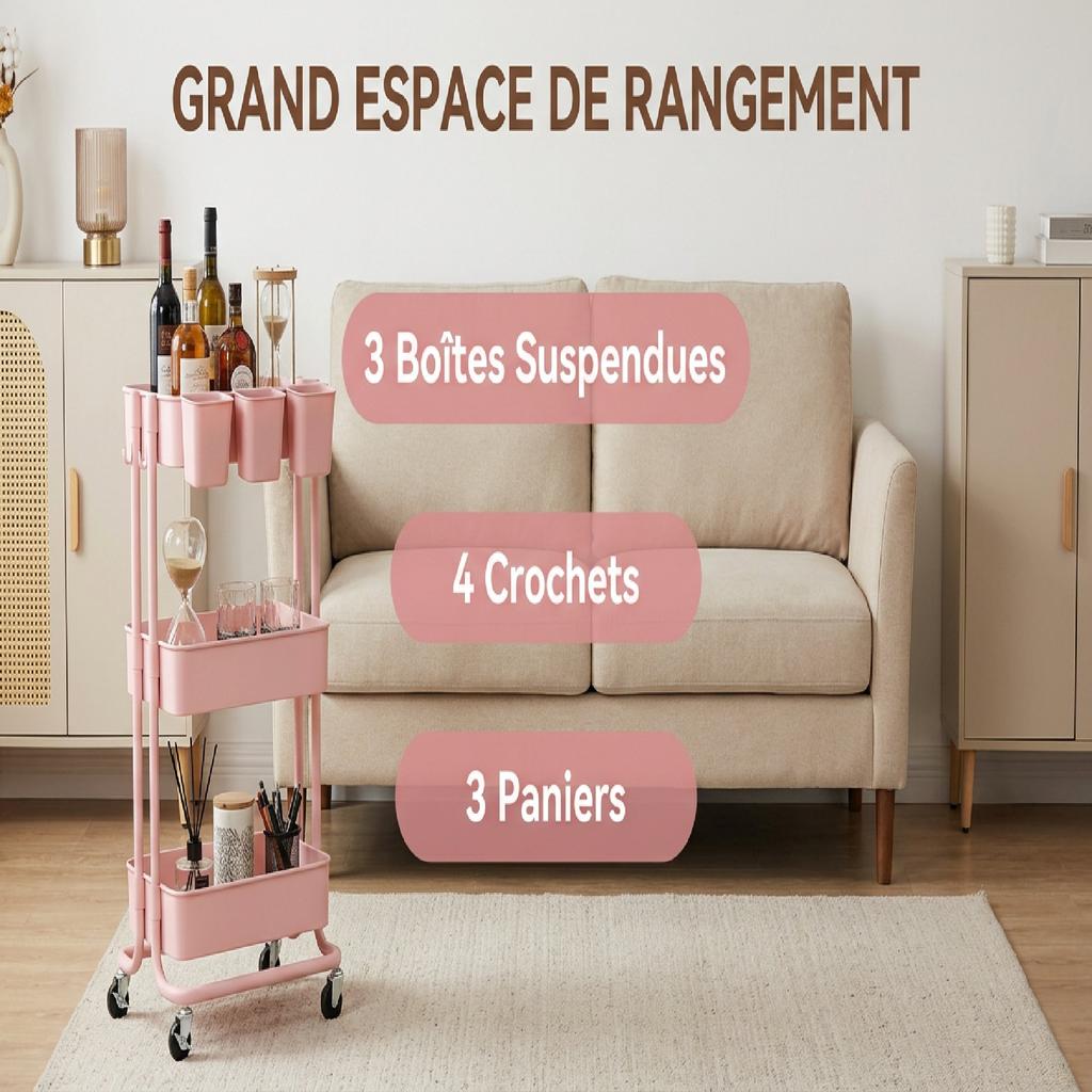 Serving Trolley, 3-Tier, 4 Hooks, 3 Removable Hanging Boxes, 42 x 38 x 86.5 cm, Pink