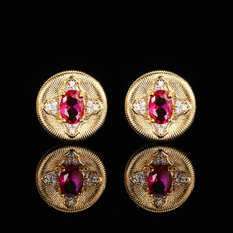 Осенне-зимние украшения Медное основание Золотое покрытие Имитация красного корунда Синяя шпинель Ретро Круглый камень 5 * 7