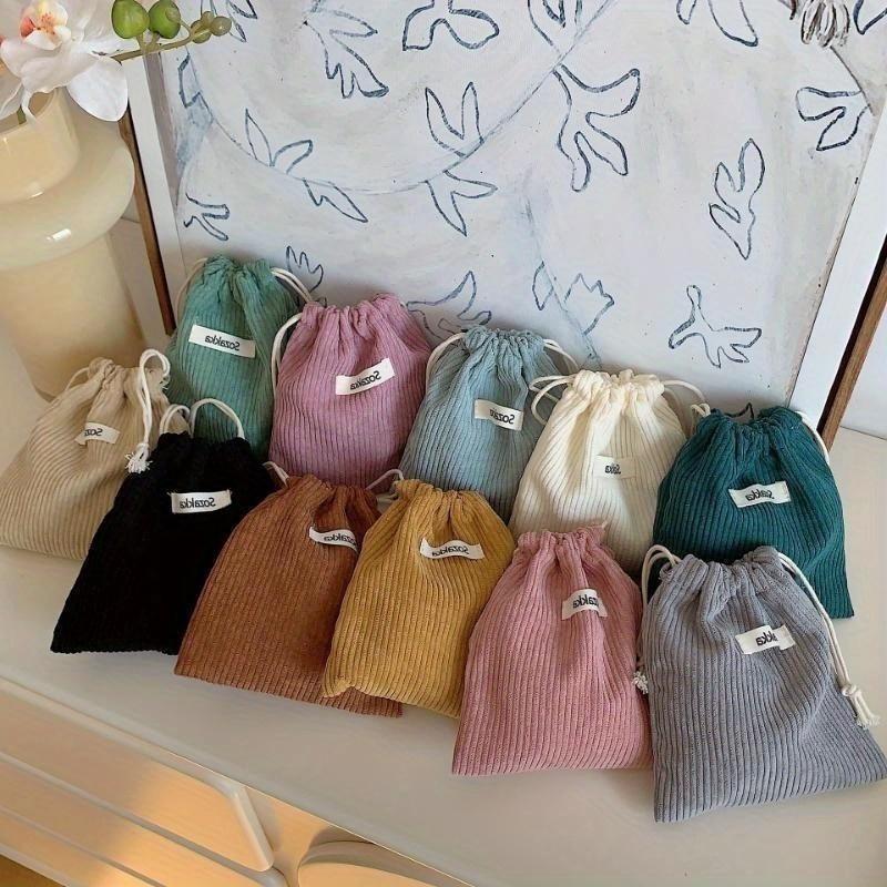 Solid Color Corduroy Storage Bag with Drawstring Drawstring Mouth Makeup Bag for Women Portable and Portable with Large Capacity