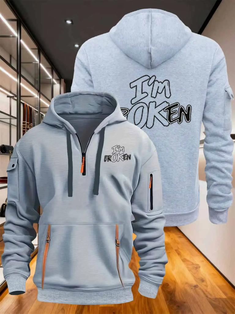 Men's hoodie, stylish with multiple zippers and pockets, loose fitting pullover print I'm ok English print