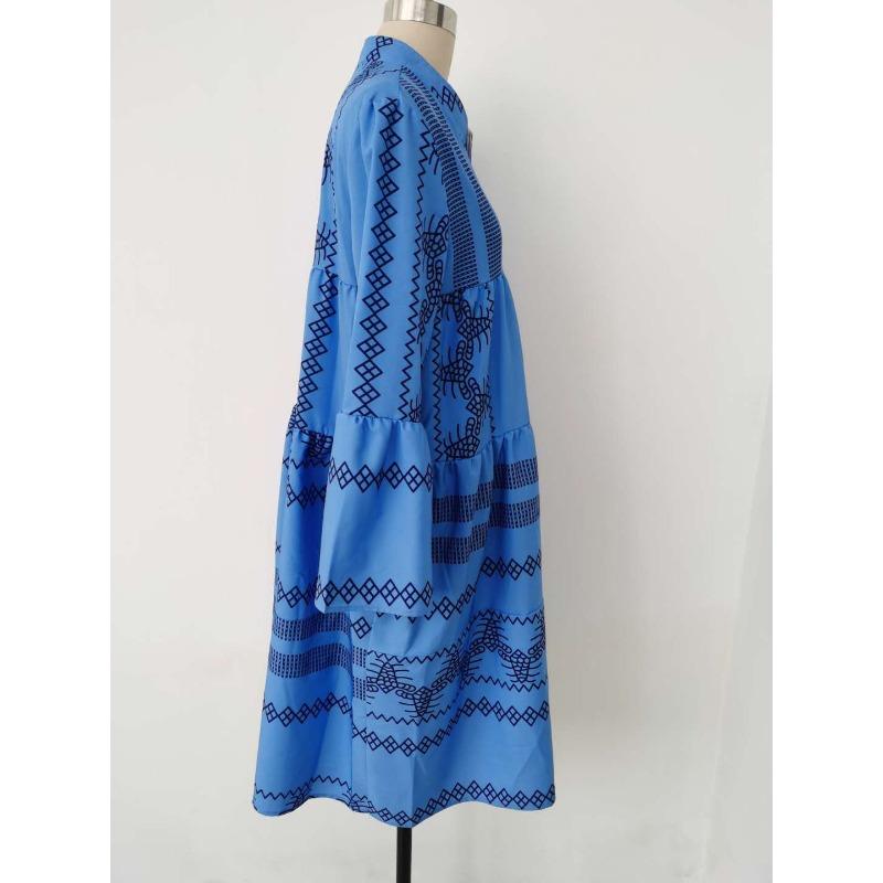 Rochie patchwork boemă de damă cu mâneci clopot, guler înalt și mâneci trei sferturi